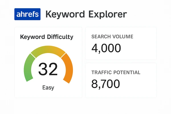 Ahrefs Keyword Explorer tool showing Keyword Difficulty (KD), search volume, and Traffic Potential for ranking