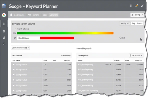 Google Keyword Planner showing keyword search volume, competition level, and CPC estimates for low-competition keywords