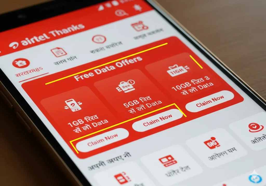 Airtel Thanks app showing free data offer in Hindi