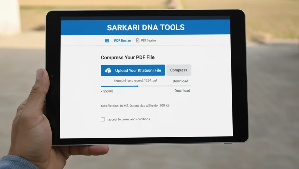 PDF compression tool interface reducing Khatouni file size for PM Kisan upload
