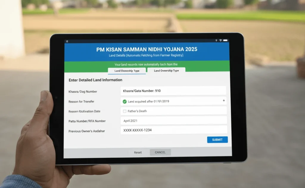 PM Kisan detailed land information form with Khasra number and cultivation date fields-min