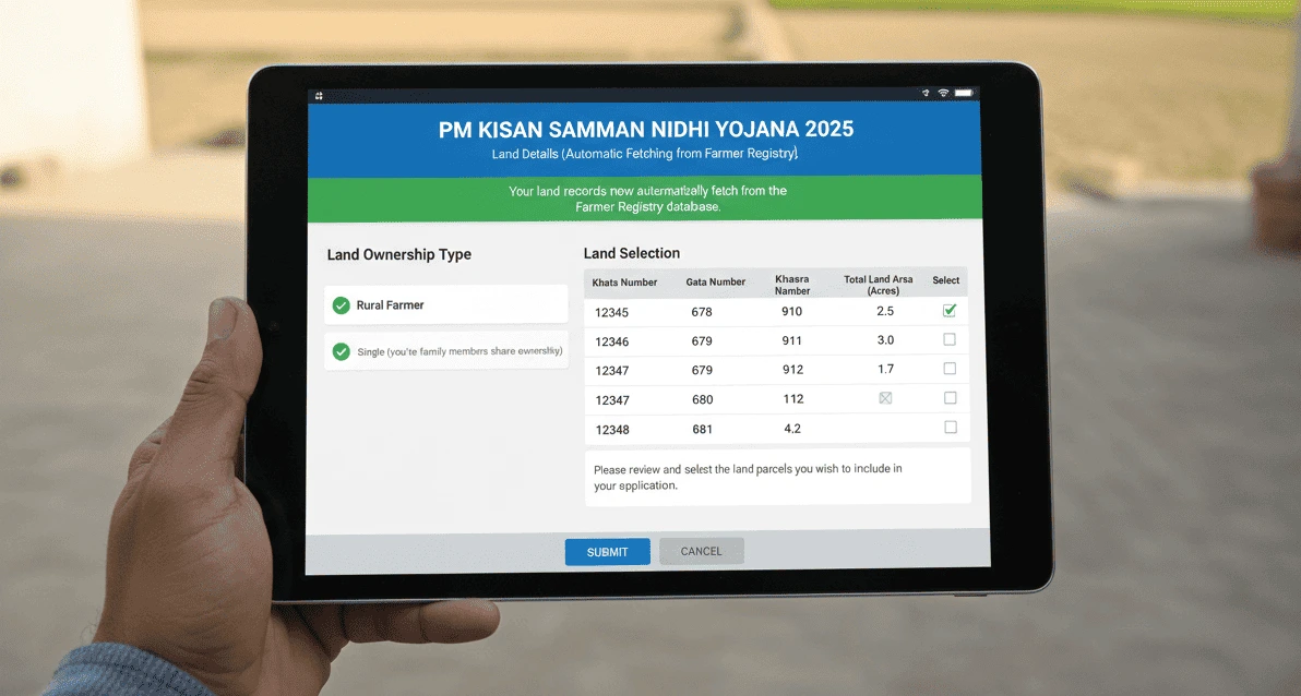 PM Kisan land selection screen displaying farmer registry integrated land records