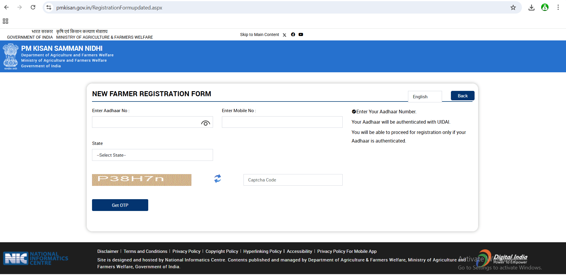 PM Kisan official website homepage showing new farmer registration option