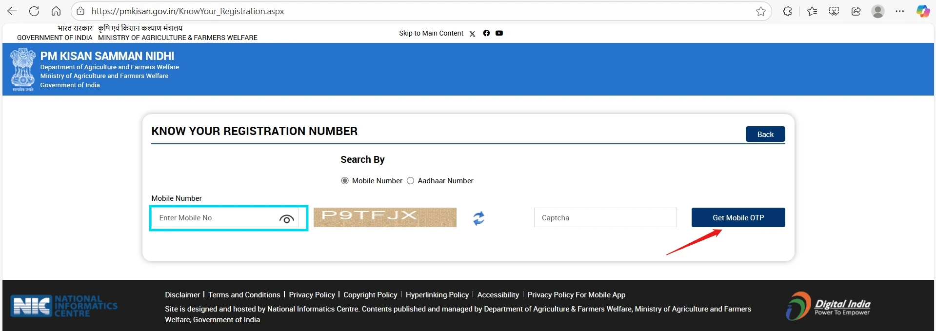 PM Kisan registration form showing Aadhaar mobile number and state selection fields