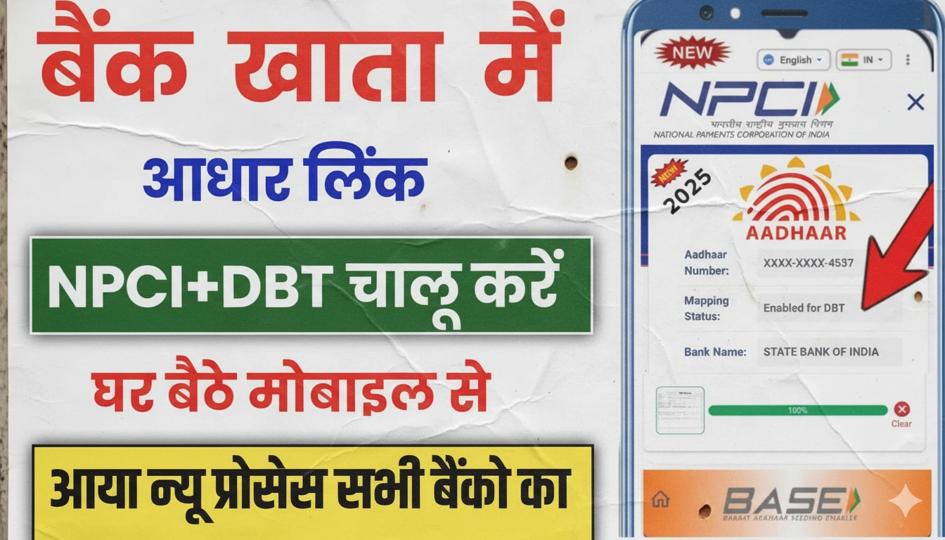 एक व्यक्ति अपने आधार कार्ड और बैंक डेबिट कार्ड को हाथ में पकड़े हुए है, जो आधार-बैंक लिंकिंग प्रक्रिया को दर्शाता है।